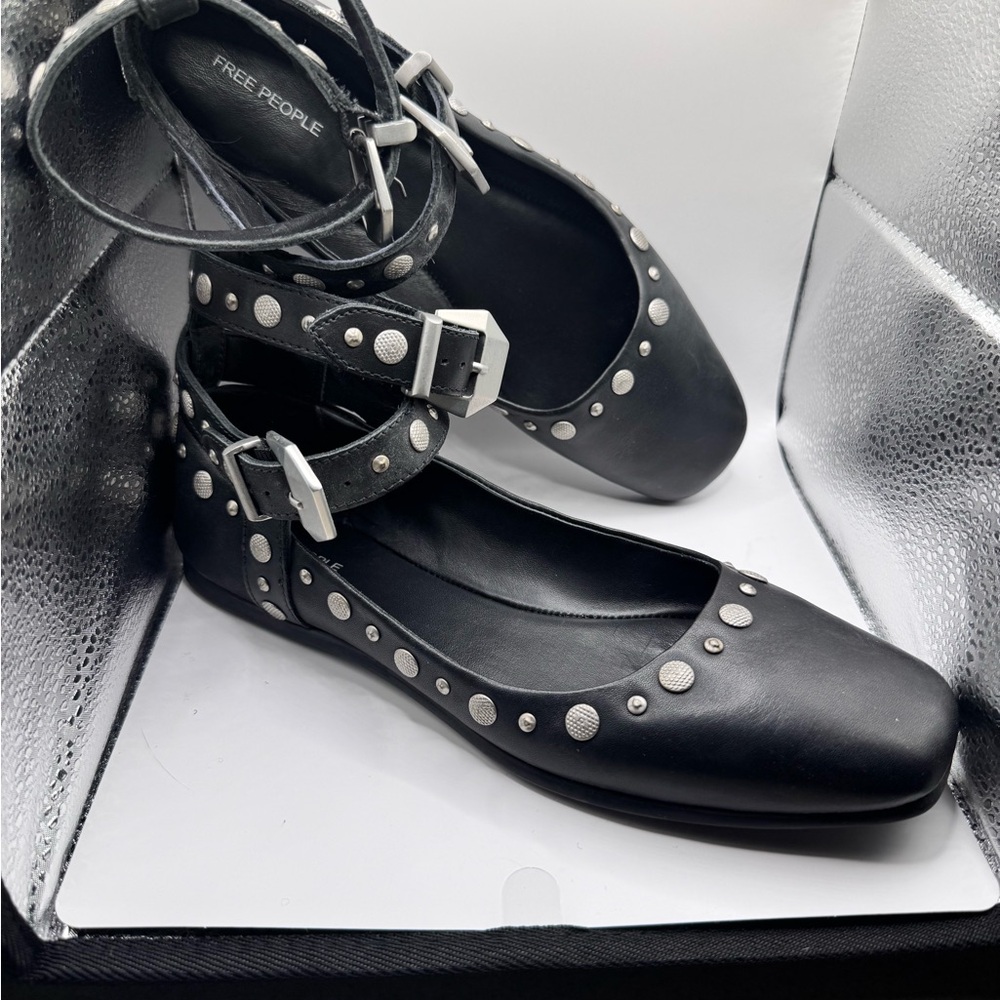 Free People Mystic Black Double Strap Flats with Studded Details